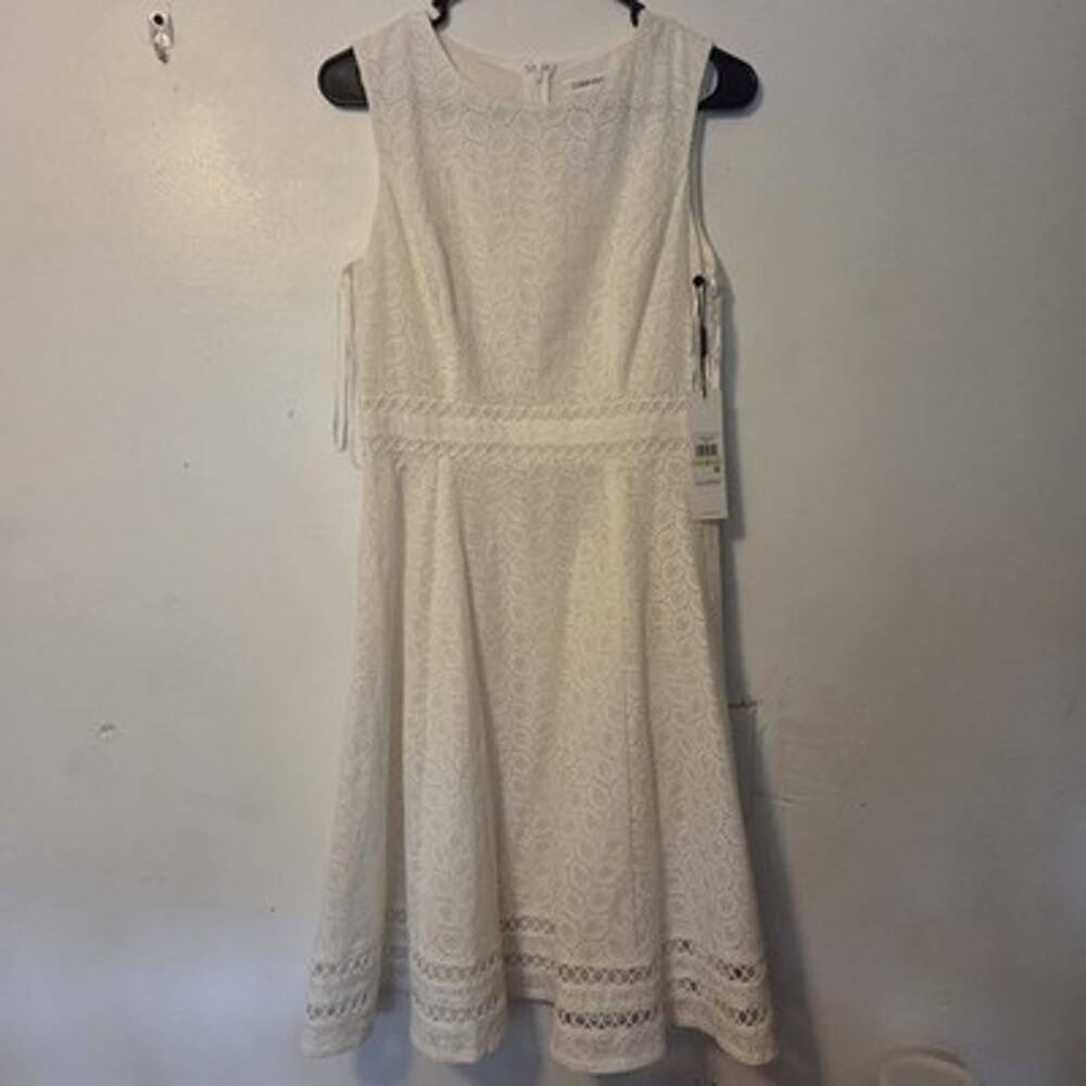 NWT Calvin Klein White Geometric Embroidered Fit and Flare Dress, Women's Size 4